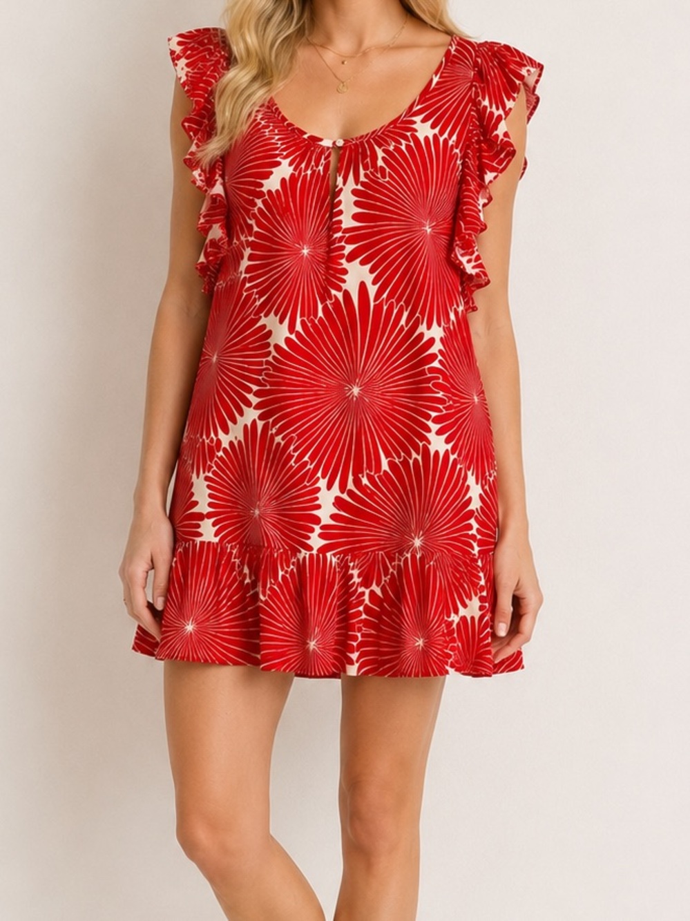J. Crew Red Floral Tropical Resort Flutter Sleeve Ruffle Hem Mini Dress Small